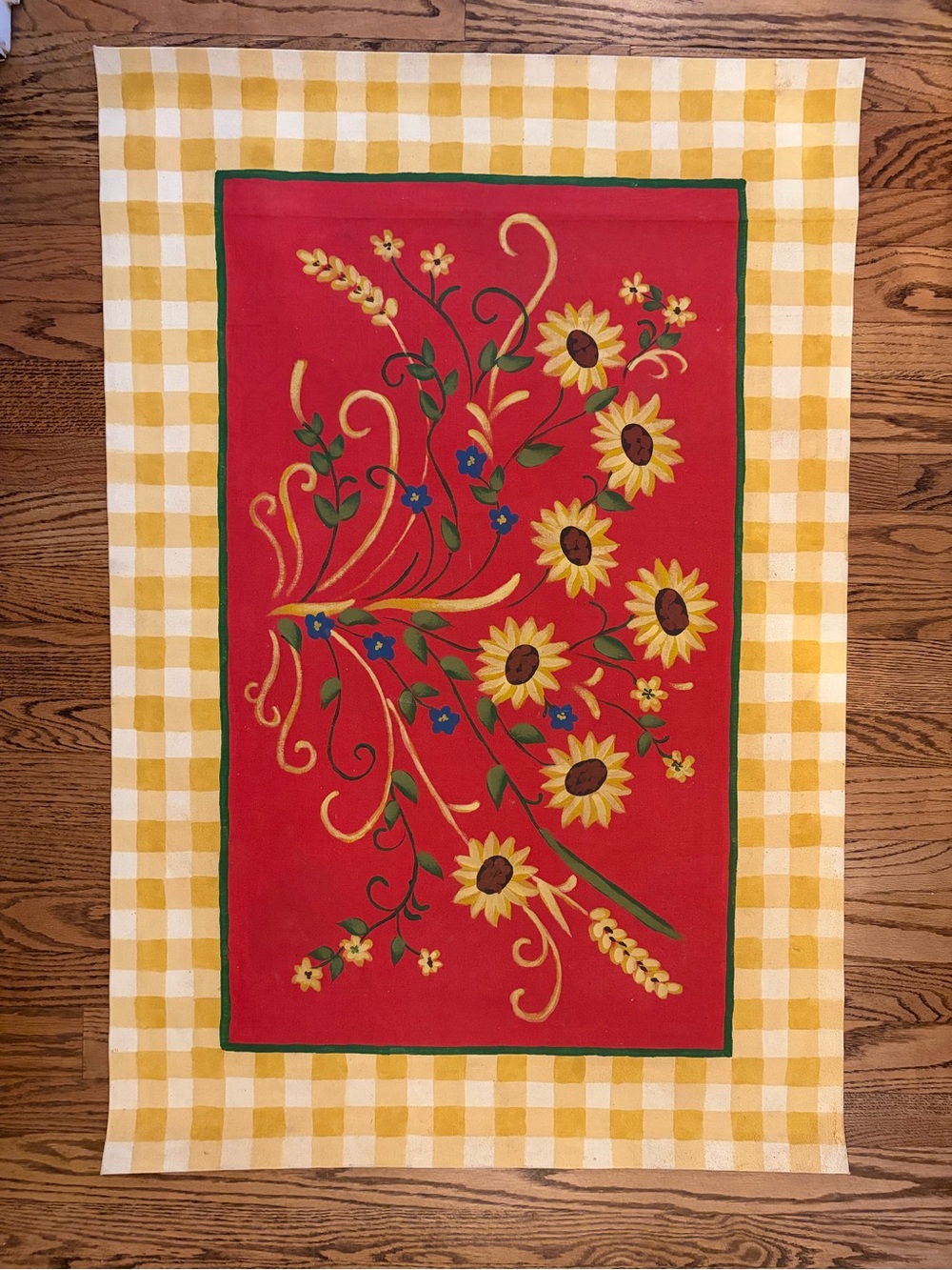 Cotton Floor Cloth With Sunflowers and Yellow & White Gingham Border